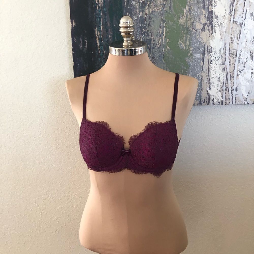 Victoria's Secret Bra 34C Dream Angels Lined Demi Lace Rhinestone Wine Underwire